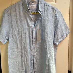 Mens light blue, linen button up, short sleeve